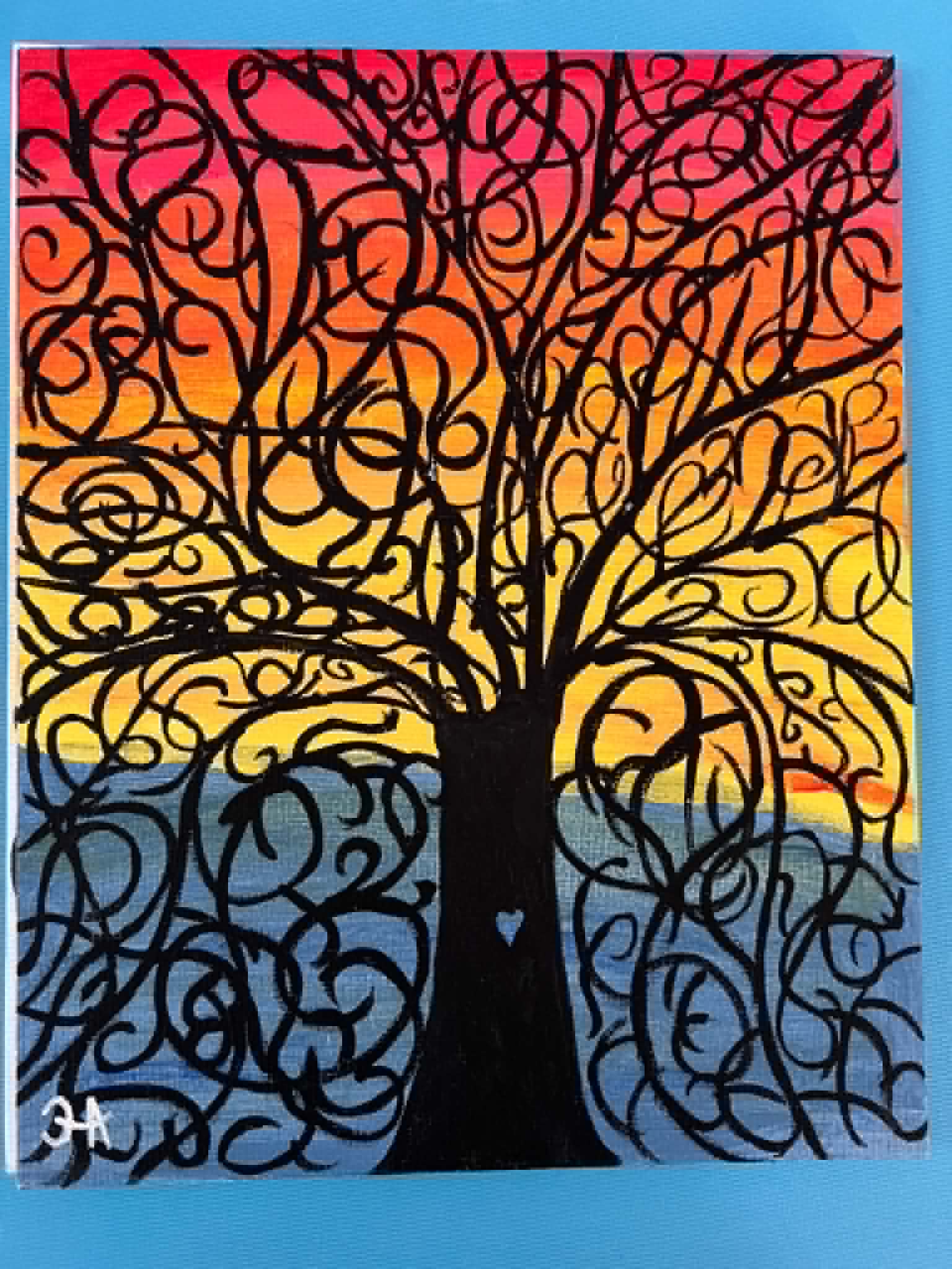 Sunset blooming tree painting